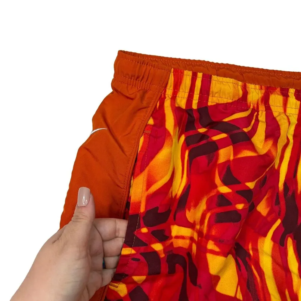 Nike VTG Y2K Abstract Print Mesh Built-In Brief Swim Shorts Orange Mens M Medium